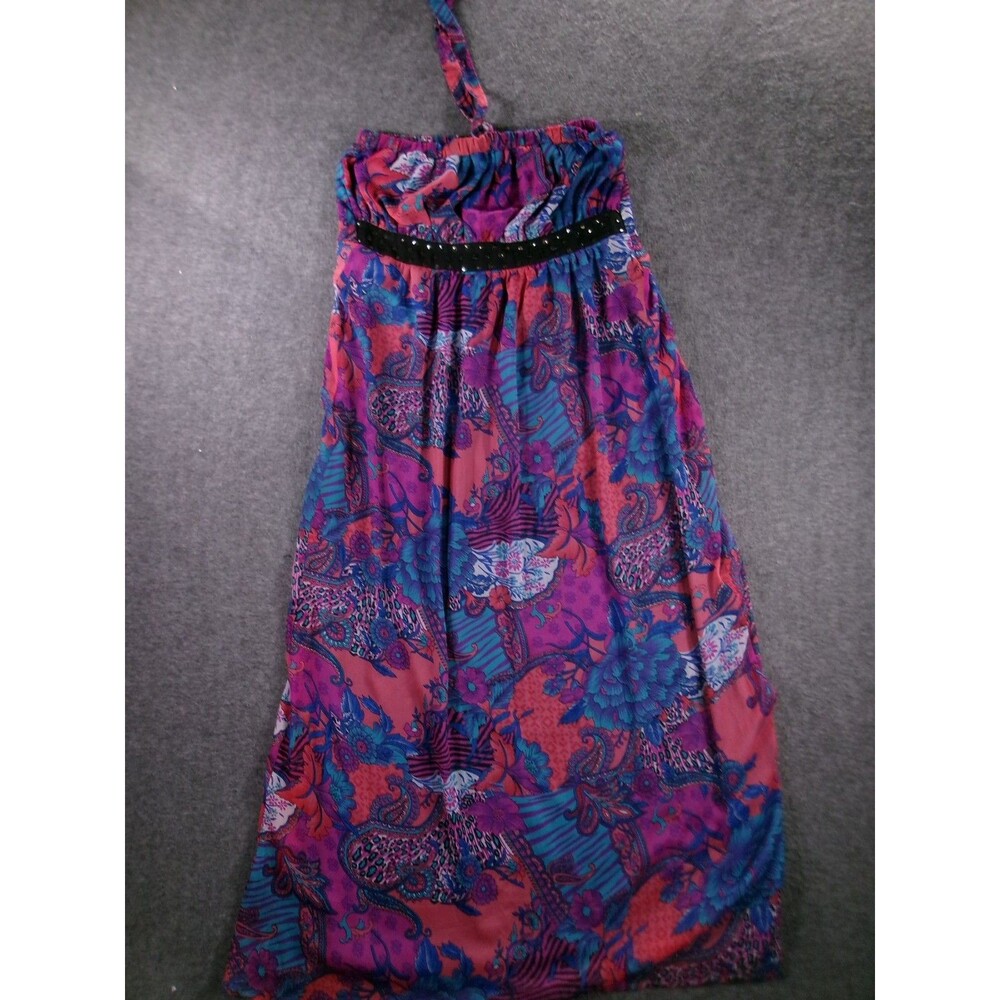 Max Dress Womens UK 18 Floral Halter Maxi Elastic Waist Lined Purple Teal Boho